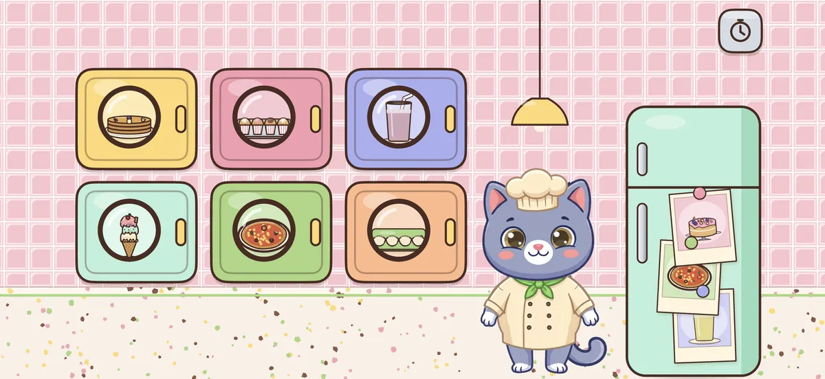 Pimu the chef in a pink-tiled kitchen with six cabinets and a fridge covered in photos