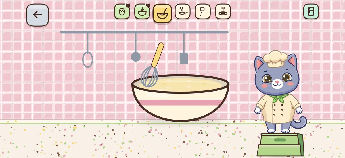 A whisk stirs batter in a big bowl while Pimu watches from his stool