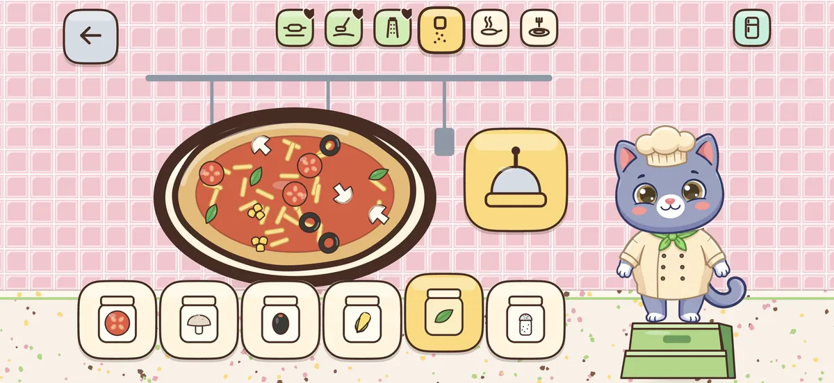 A pizza with tomatoes, mushrooms, olives and corn, jars of toppings and a serving bell