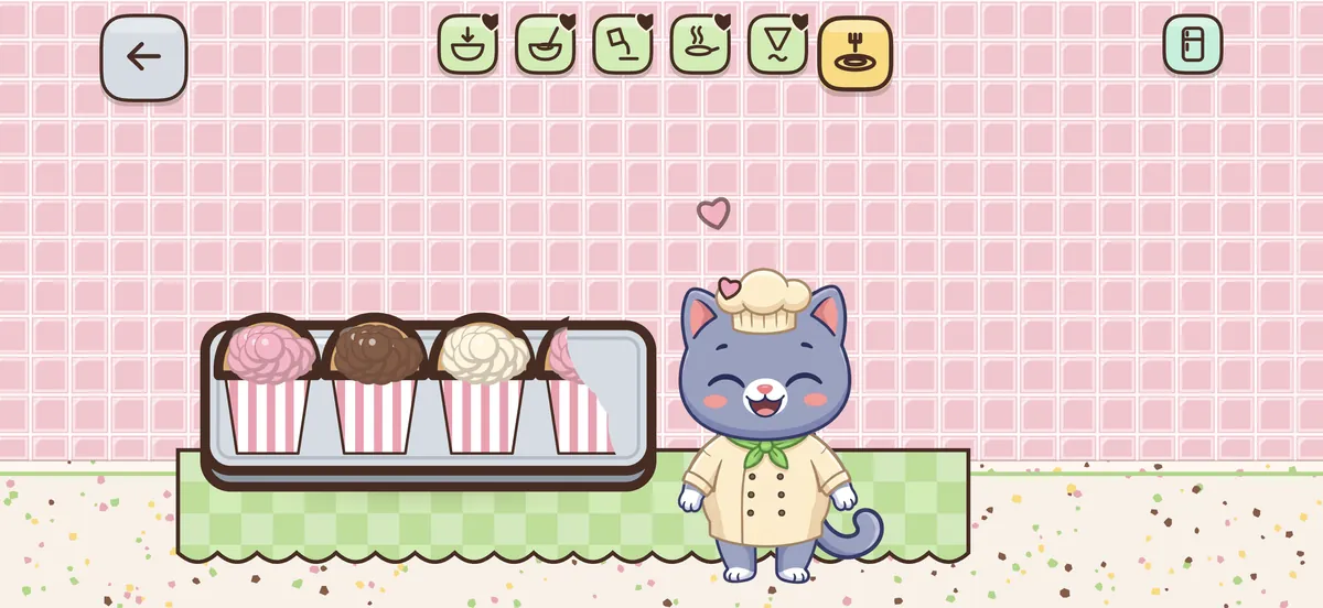 Pimu tastes the cupcakes and laughs, a heart floating above him