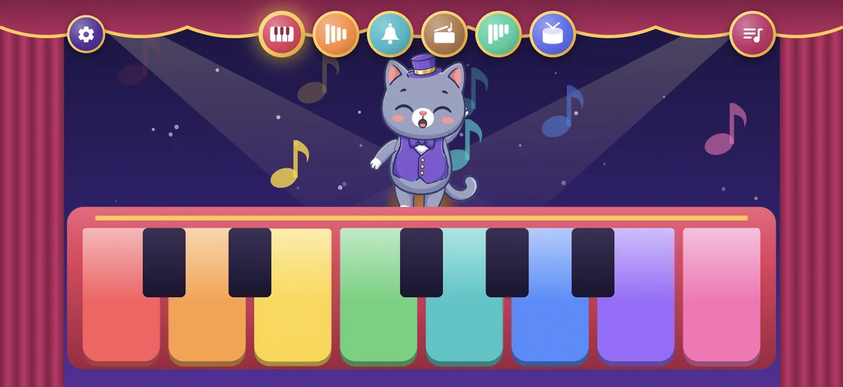 Pimu in a top hat dances behind a rainbow toy piano as colored notes fly up