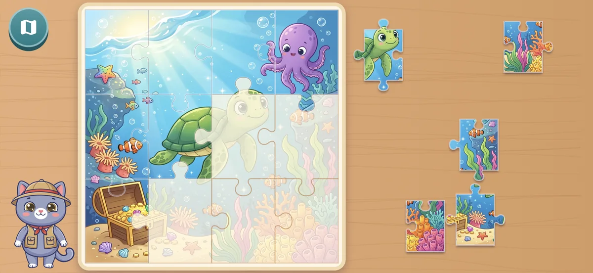 A coral reef puzzle, half put together, pieces on a wooden table