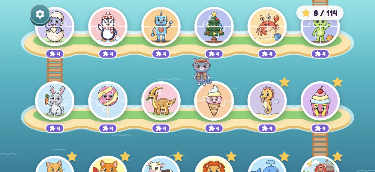 The island map: rows of puzzles with stars on the finished ones