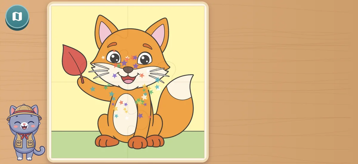 A finished fox puzzle with Pimu cheering