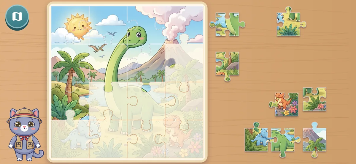 A 16-piece dinosaur valley puzzle in progress