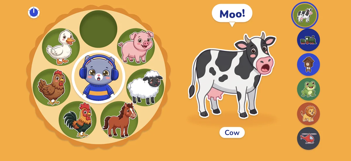 The farm wheel with Pimu in the middle; a cow on the stage says Moo!
