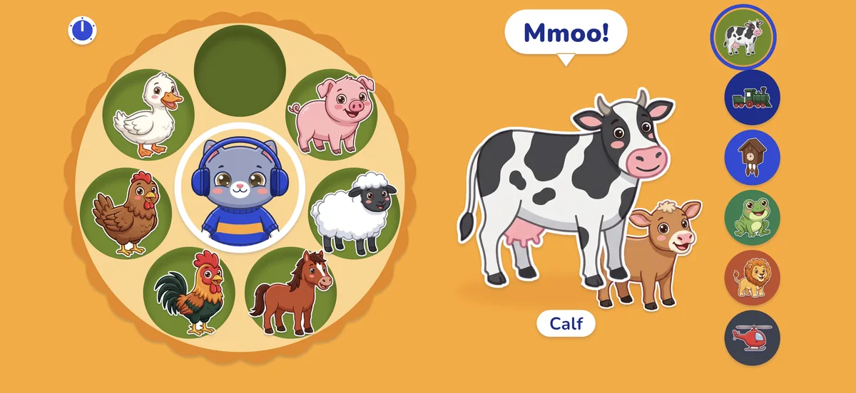 A calf peeks out from behind the cow on the stage